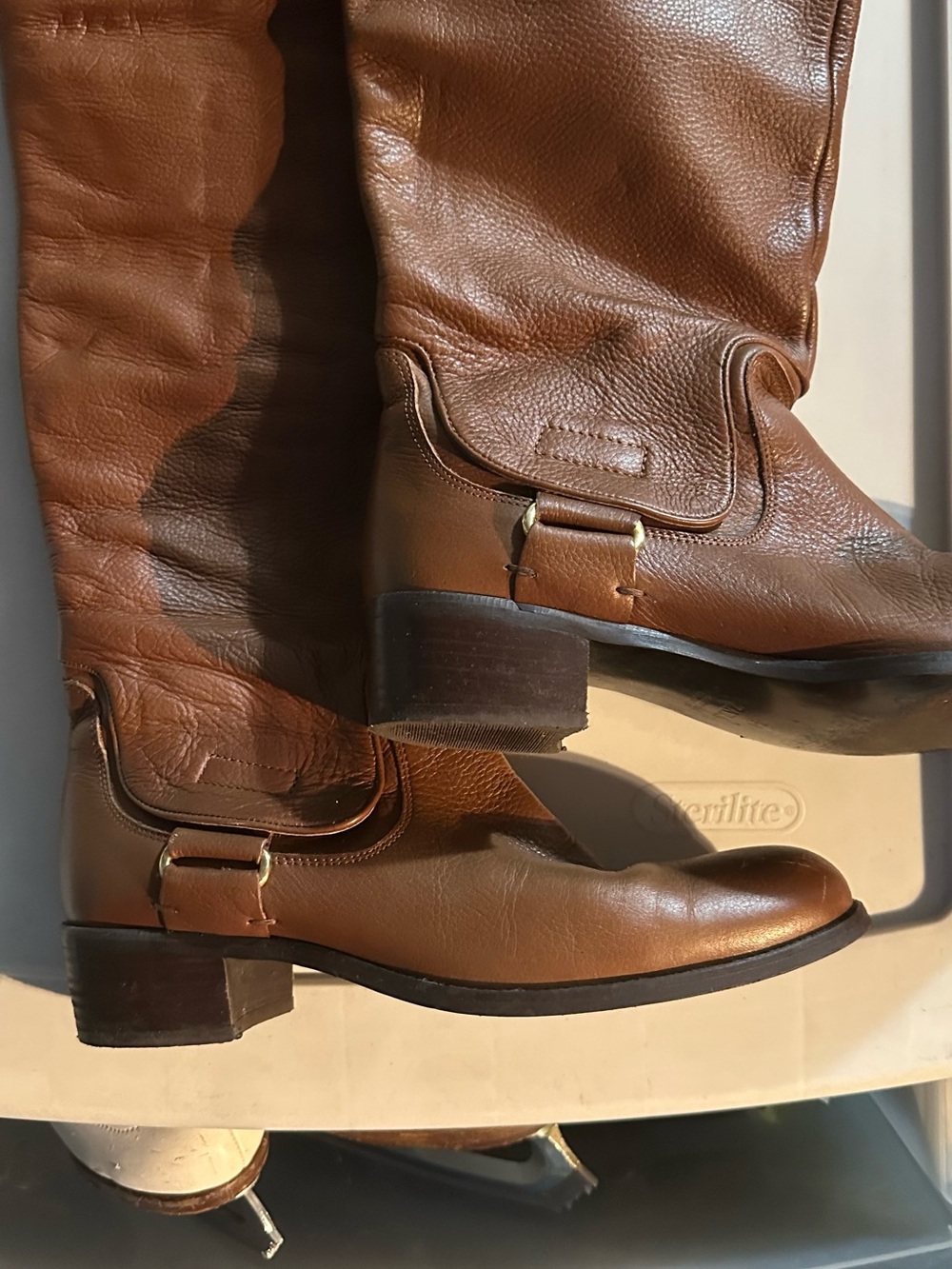 Zara Tan Brown Leather Mid-Calf Buckle Riding Boots